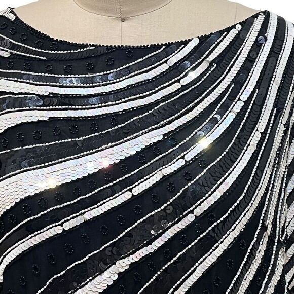 VTG Creative Creations Sequin Beads Sequins Top black White Silk sz Medium - Picture 3 of 7